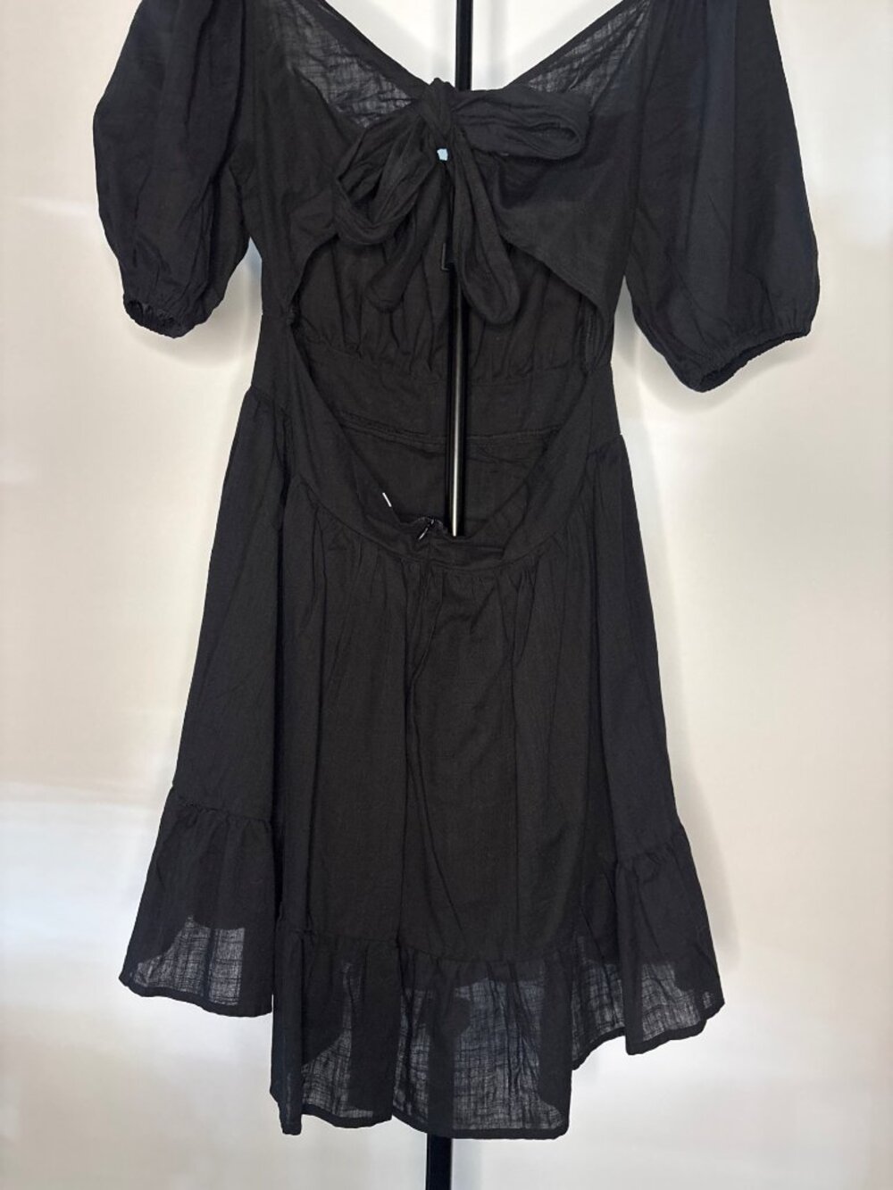 SHEIN Midi Black Backless Cut Out Puff Sleeve Tie Back Smocked Waist Ruffled Hem - Picture 9 of 16